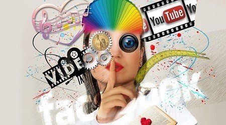 A woman is surrounded by logos for youtube and facebook.